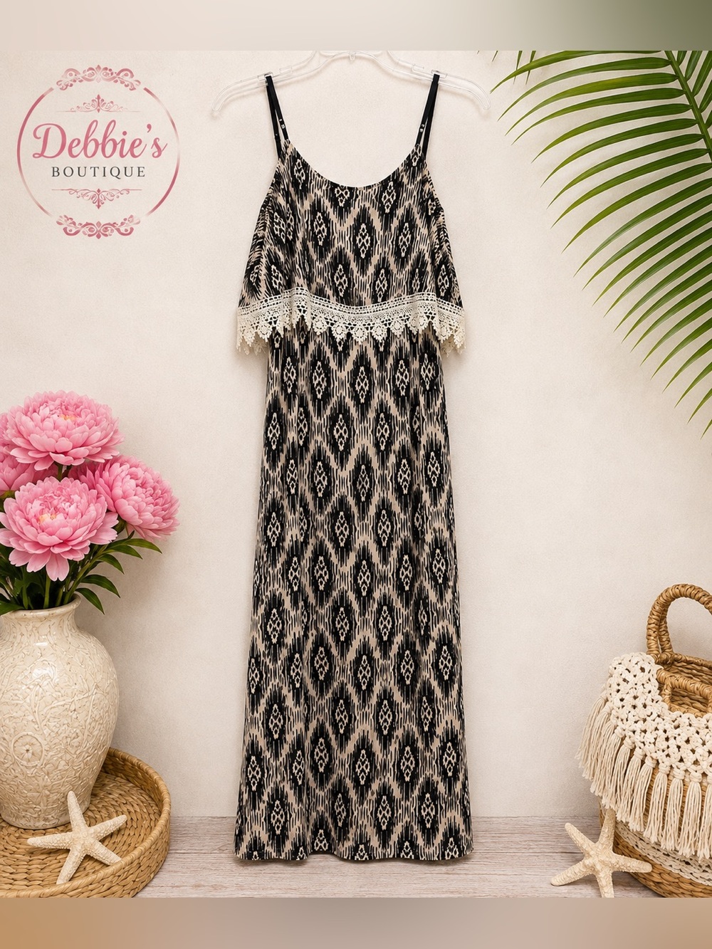 R2D Apparel Boho Ikat Lace Trim Maxi Dress Medium Adjustable Straps
